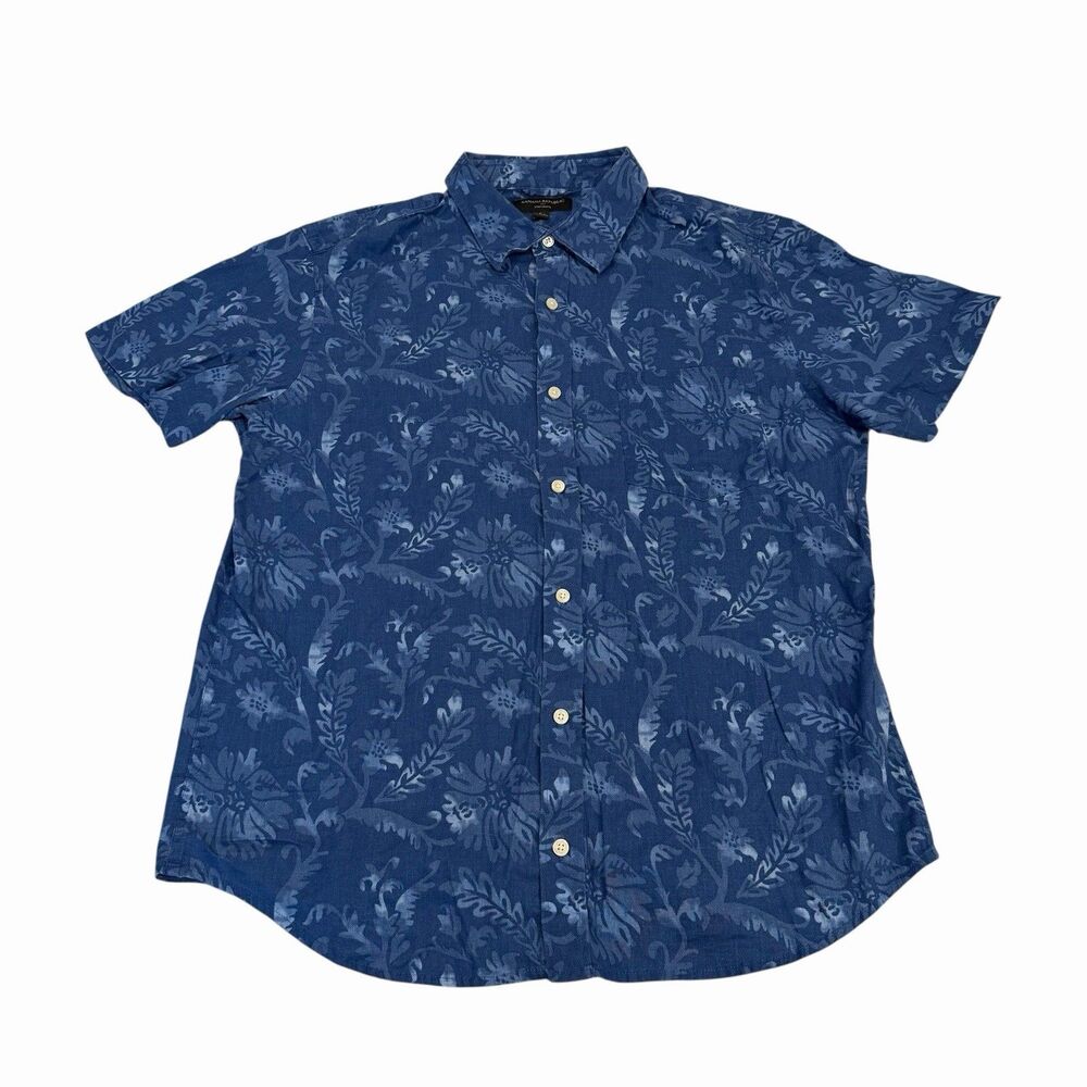 Banana Republic Button Up Shirt Mens Short Sleeve Large Linen‎ Blend Floral Blue